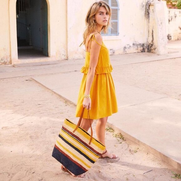 Sezane Mustard Yellow Silk Ashley Tiered Ruffle Layered Tie Strap Mini Dress - Picture 1 of 7